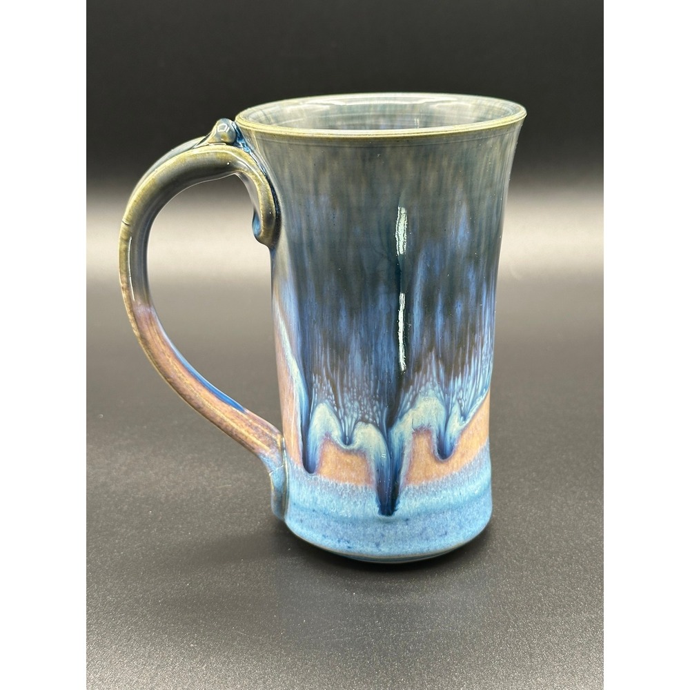 Vintage Artist Signed Ojai CA Studio Pottery Drip Glaze Blue Stoneware Mug